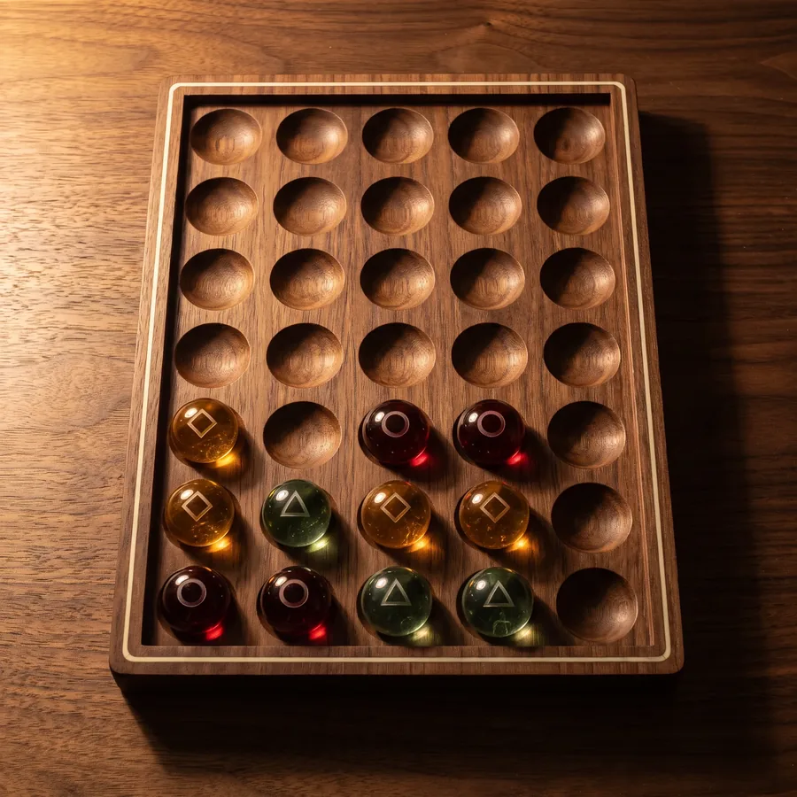The Quiet Gravity board in dark walnut, five columns of turned hollows, glass marbles in oxblood, honey and moss green in the lower rows.