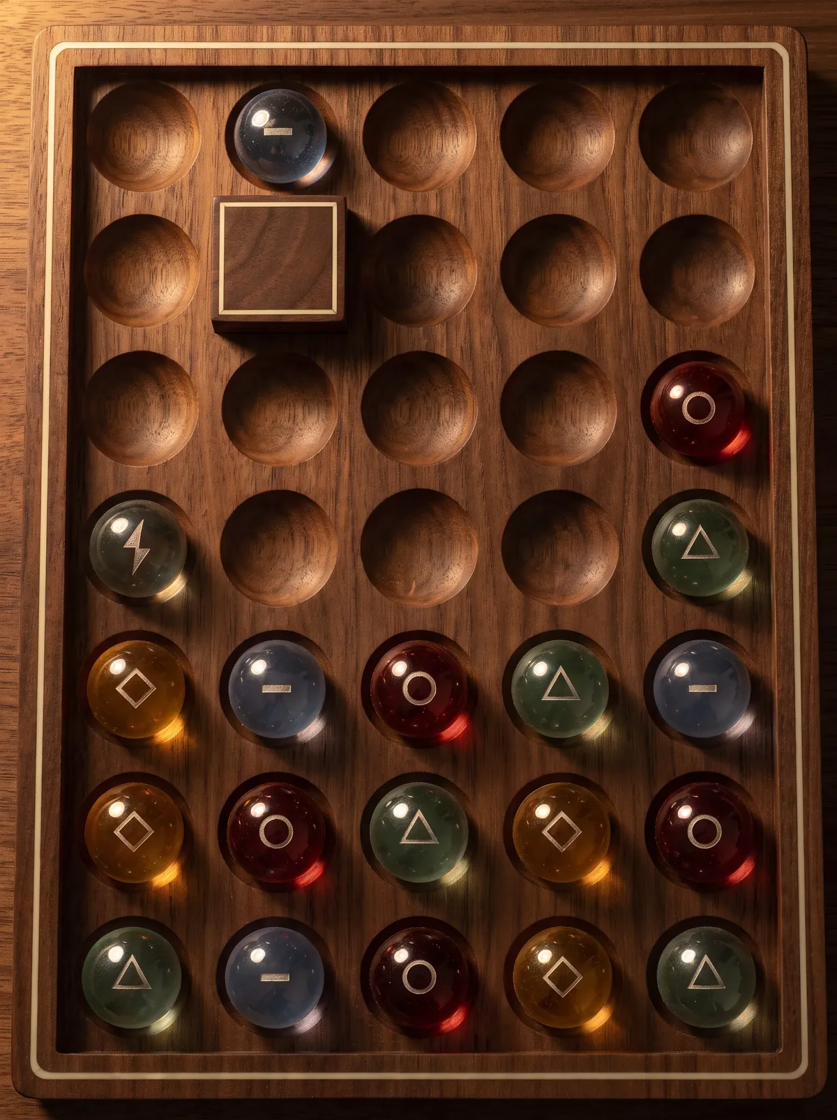 The board as an object: dark walnut, bone inlay along the rim, five columns and seven rows of turned hollows, glass marbles with engraved marks.