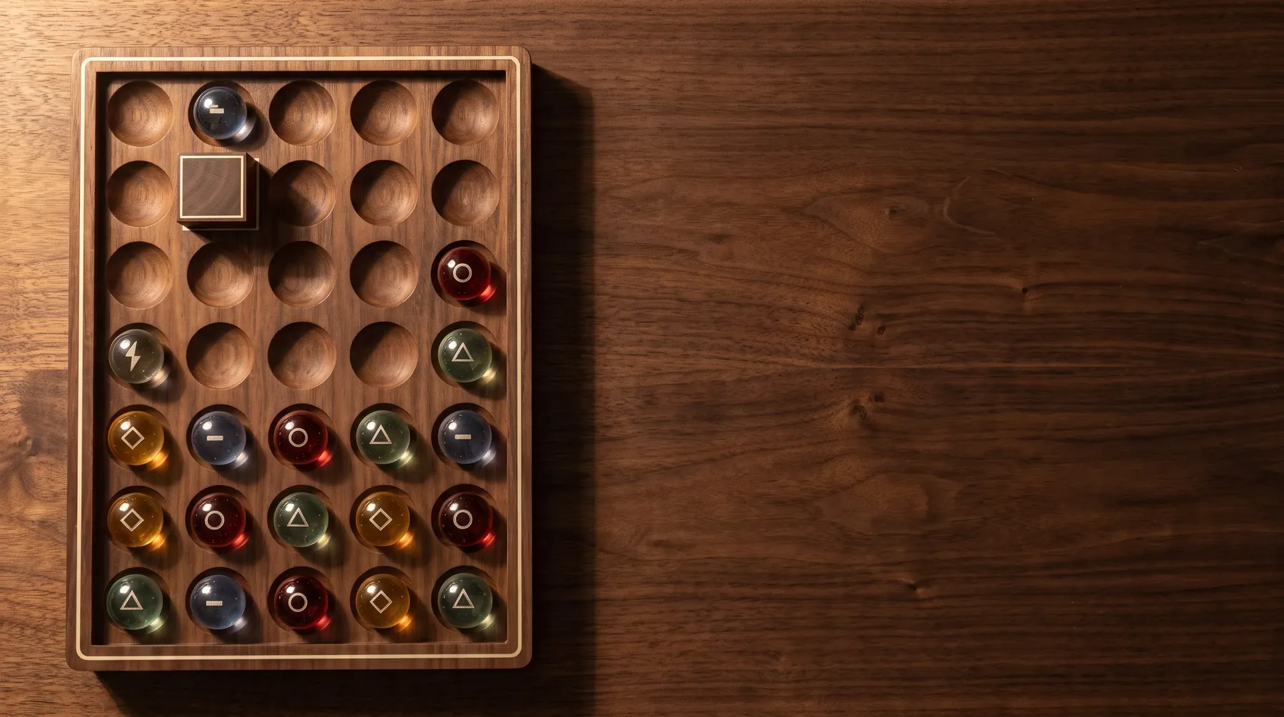 The Quiet Gravity board on a dark walnut desk in warm side light.