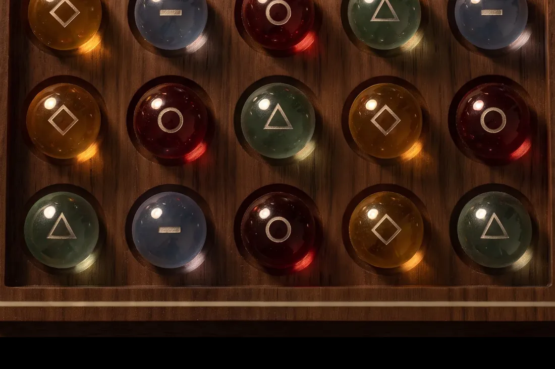 Close-up of the glass marbles in their hollows: oxblood with a circle, honey with a diamond, moss green with a triangle, slate blue with a bar.