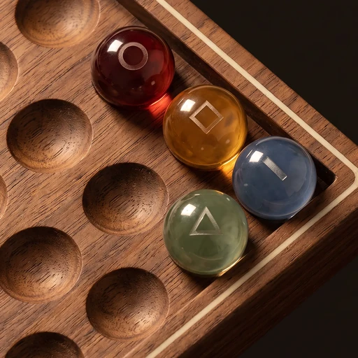 The Quiet Gravity app icon: the corner of the walnut board with four glass marbles.