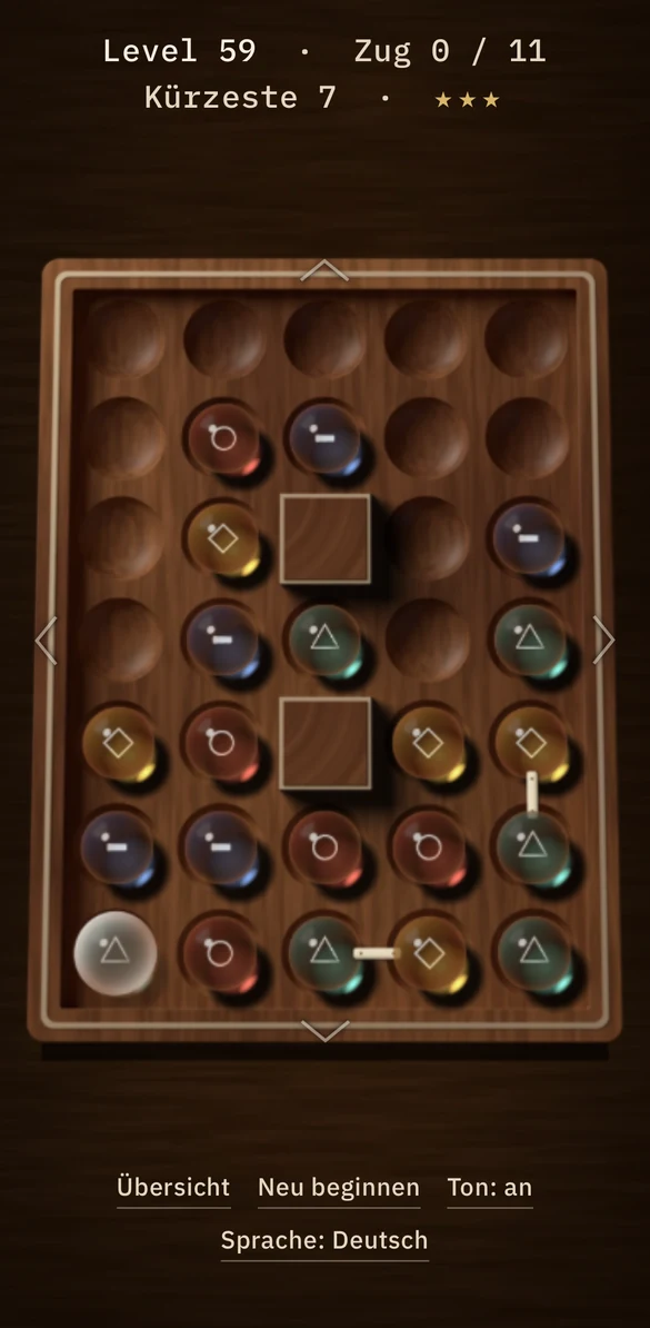 Quiet Gravity, level 59: a board with an ice stone under frost, two chained pairs joined by a pale bone band and two solid walls.